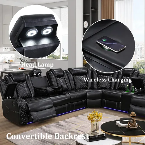 Miniatura 3 de Sofá Seccional Reclinable Eléctrico, Sofá Modular Seccional Reclinable de Cuero Negro, Sofá de Cuero en Forma de L con Luces LED/Cargador