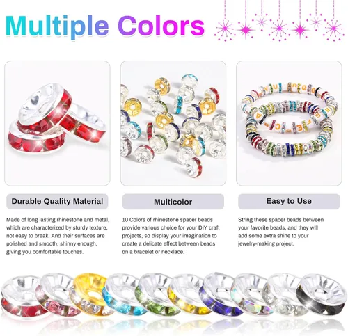 Miniatura 4 de Cuentas espaciadoras redondas para hacer joyas, 600 piezas de cuentas espaciadoras con diamantes de imitación, separadores de cuentas de cristal