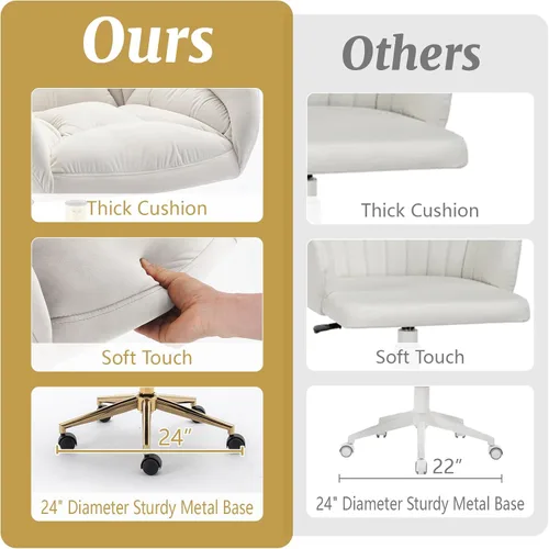 Miniatura 7 de Silla de oficina en casa de terciopelo giratoria de 360°, base de metal dorado, ruedas universales, sillón ergonómico de altura ajustable moderna