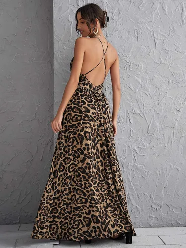 Miniatura 2 de Floerns Vestido largo de playa con cuello en V profundo y espalda cruzada de leopardo para mujer