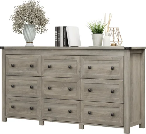 Miniatura 23 de Cómoda para dormitorio con 6 cajones, cómoda de madera de granja, soporte de TV ancho con mango de metal, organizador de ropa moderno para pasillo