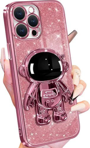 Buleens Funda para iPhone 13 Pro Astronauta, Fundas Transparentes para iPhone 13 Pro con Papel Brillante y Soporte de Astronauta, Mujeres Niñas Rosa