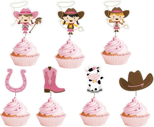12 piezas de decoración de cupcakes de vaquera, decoración de cumpleaños, suministros de fiesta de cumpleaños, temática de baby shower para niñas