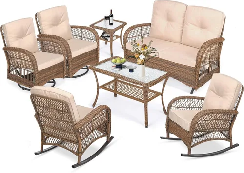 Miniatura 35 de MEETWARM Juego de 3 piezas de mimbre giratorio para patio al aire libre, mecedoras, juegos de muebles de patio de ratán con cojín grueso y mesa