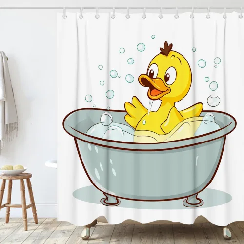 Miniatura 2 de Divertida cortina de ducha de tela con diseño de pato chirriante amarillo, juego de cortina de ducha para niños, con 12 ganchos, 72 x 72 pulgadas