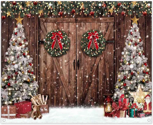 Miniatura 10 de Telón de fondo de tela de 2,1x1,5 m, diseño rústico de Navidad, granero de invierno, árbol de Navidad, nieve, regalos, Papá Noel, fondo