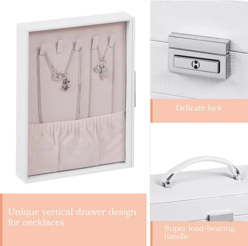 Miniatura 4 de ANWBROAD Caja organizadora de joyas Caja de joyería para mujer con cerradura de 6 niveles Caja de almacenamiento de joyería blanca para aretes