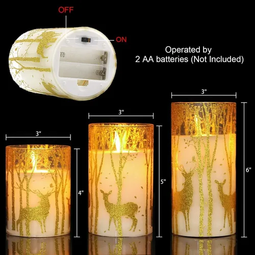Miniatura 5 de GenSwin Velas de cristal sin llama parpadeantes con decoración de ciervos y temporizadores remotos, luz LED de mecha móvil a pilas, juego de 3 velas