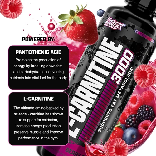 Miniatura 5 de Nutrex Research L-Carnitina 3000 (31 porciones, Berry Blast) Disparos líquidos, sin estimulantes Apoya la recuperación muscular para hombres