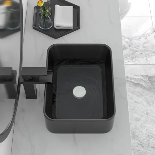 Miniatura 2 de Lavabo de baño negro de 16 x 12 pulgadas, lavabo de apoyo rectangular para baños, de cerámica, sobre mostrador, lavabo rectangular de baño, lavabo
