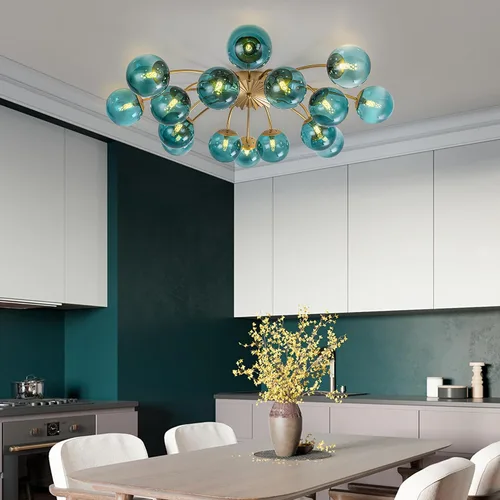 Miniatura 6 de Candelabros Sputnik dorados con globo de vidrio azul, lámpara de techo empotrada con 3 luces de acento de flor de mediados de siglo, candelabros