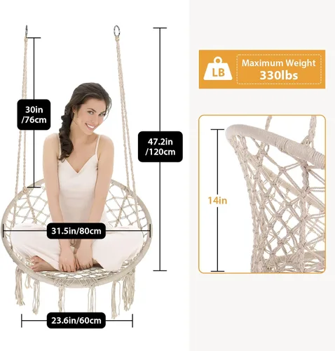 Miniatura 6 de Garpans Juego de 2 sillas tipo hamaca de macramé estilo bohemio con borlas, columpio colgante hecho a mano, cuerda de algodón tejida a mano