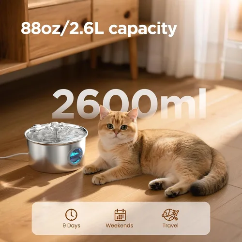 Miniatura 2 de Fuente de agua para gatos de acero inoxidable: fuente para mascotas ultra silenciosa de 88 oz/2.6 L con pico de gatito con flores y dispensador