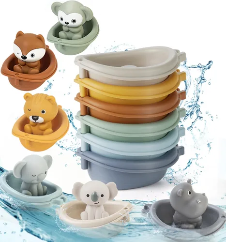 Juguete de baño para bebé, apilable, juguetes de bañera para bebés, flotante, tren de barco con marionetas de dedo de animales, juguete de baño de