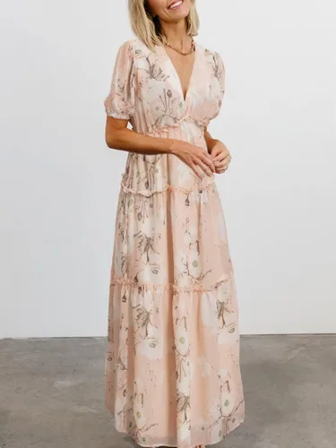 Miniatura 2 de Amegoya Vestido largo casual de manga corta con cuello en V para mujer, diseño floral, estilo bohemio, para la playa, sesión de fotos, con volantes