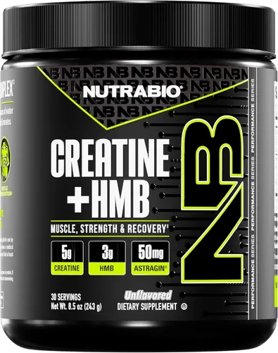 NutraBio Creatina + HMB - Monohidrato de creatina con polvo de HMB para el crecimiento muscular, mayor fuerza - 30 porciones (sin sabor)