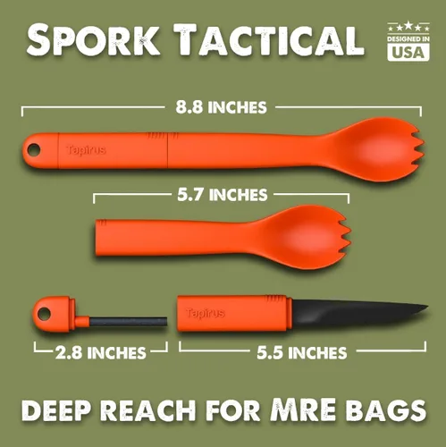 Miniatura 2 de Tapirus Spork Tactical - Paquete de 2 tenedores tácticos naranja/verde, sin BPA, cuchillo de acero inoxidable y arrancador de fuego, utensilio