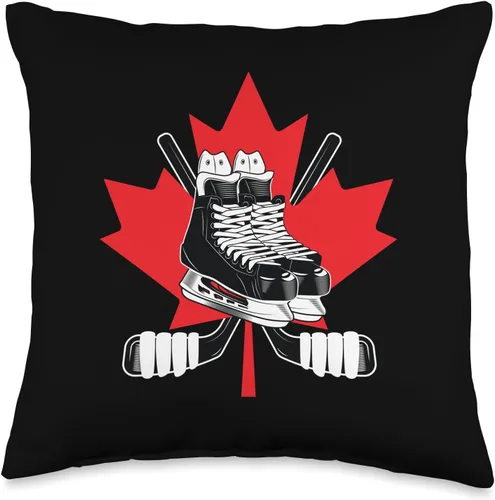 Hockey Stick Ice Skates Canada Ice Hockey Gift Patines de palo | Bandera canadiense | Almohada de jugador de hockey sobre hielo, 16 x 16, multicolor