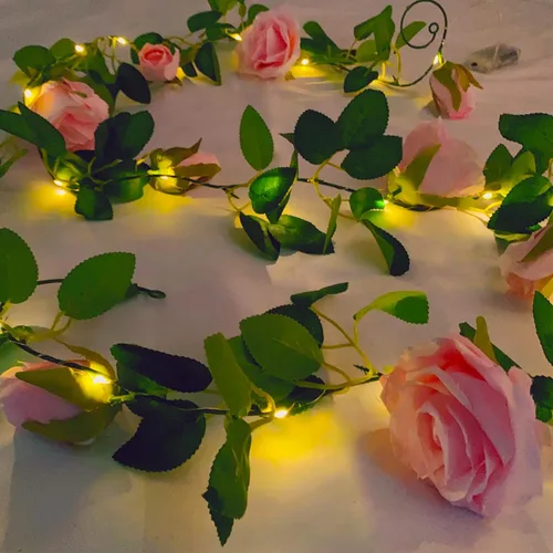 Miniatura 10 de Guirnalda de flores artificiales Fielegen con 20 luces de cadena LED, guirnalda de rosas colgantes de 2 metros con decoración de luces para jardín