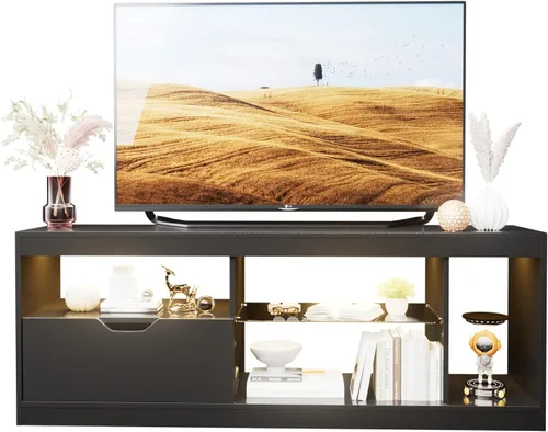 Miniatura 4 de YESHOMY Moderno soporte de TV LED para televisores de hasta 65 pulgadas con estantes y cajones de vidrio, centro de entretenimiento