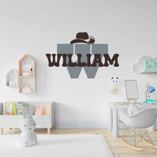 Calcomanía de pared personalizada con temática de vaquero, calcomanías de nombre de pared para niños con inicial y dibujo de sombrero de vaquero,