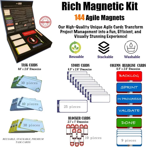 Miniatura 4 de Agile Management Set Plus – Kit de tarjetas magnéticas Scrum y Kanban de 156 piezas Tarjetas de tablero ágil reutilizables para tareas, historias
