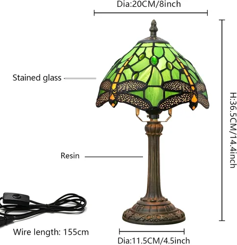 Miniatura 2 de Lámpara Tiffany de Libélula Verde de Vidrio Emplomado, Lámpara de Mesa 8x8x14 Pulgadas, Estilo Libélula Verde, Luz de Lectura para Escritorio