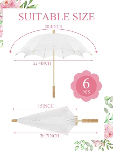 Miniatura 2 de 6 paraguas de encaje Paraguas vintage de encaje de boda con asa para dama de honor, mujeres de flores (blanco)