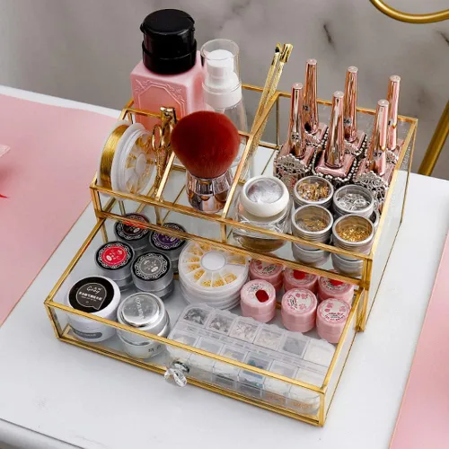 Miniatura 7 de YUEHUA Organizador de maquillaje de cristal, organizador de brochas de maquillaje transparente, caja de exhibición de joyas, esmalte de uñas dorado