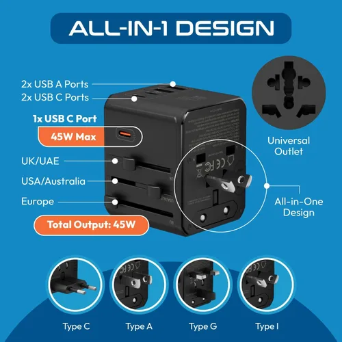 Miniatura 7 de Ceptics Adaptador de viaje universal 8 en 1 para la UE, Reino Unido, EE. UU., AU y más, adaptador de viaje mundial, 2X enchufe de EE. UU., enchufe