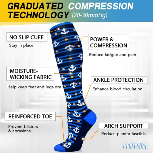 Miniatura 5 de 6 pares de calcetines de compresión para mujeres y hombres, circulación 20-30 mmHg, es el mejor soporte para correr, enfermería, deportes atléticos