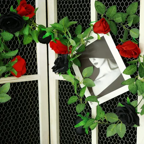 Miniatura 9 de GREENTIME - Guirnalda de flores artificiales 2 unidades, 4 metros de vid de rosas falsas, 9 cabezas de rosas, para arco de boda, centro de mesa