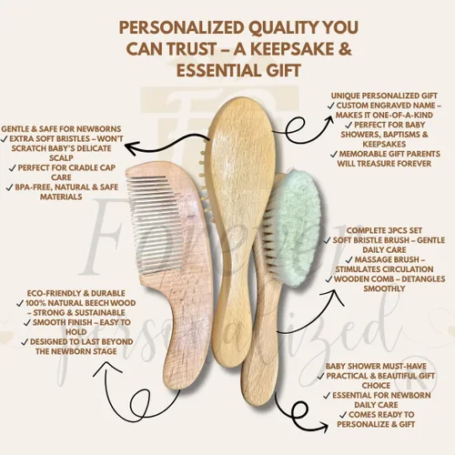 Miniatura 4 de Juego de cepillos de madera personalizados para bebé niña Juego de cepillo y peine de madera para bebé Regalo personalizado para bebés Regalo