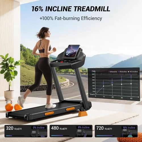 Miniatura 2 de CURSOR FITNESS Cintas de correr inclinadas al 16% para el hogar pequeñas con 3 pantallas LED, almohadilla plegable de 3.0 HP para caminar