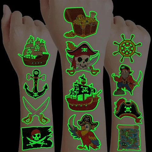 96 piezas de tatuajes temporales luminosos precortados de barco pirata que brillan en la oscuridad para niños | Tatuajes temporales para niños | B.