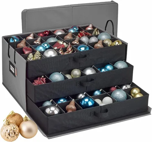 Miniatura 13 de Caja con divisores para guardar hasta 72 adornos navideños de 3 pulgadas de forma práctica, cubos grandes de tela de alta calidad con 3 bandejas Gris