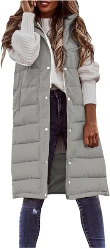 Miniatura 14 de Chaleco largo para mujer, sin mangas, acolchado, con cremallera, capucha, abrigo de invierno cálido, ligero, con bolsillos
