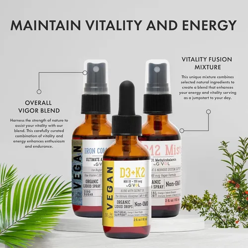 Miniatura 2 de Energy & Vitality Bundle - Trío de aerosol de vitaminas líquidas – B12 metilcobalamina, bisglicinato de hierro y D3 (Lichen) y K2 (MK4 y MK7), sin