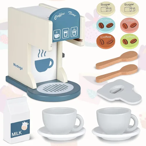 Miniatura 2 de Accesorios de cocina de juguete para niños, juego de cocina de madera con cafetera de juguete y máquina de espresso, juego de cocina para niños