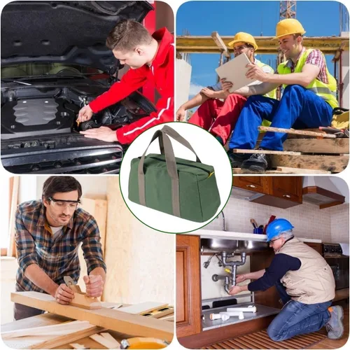 Miniatura 5 de Bolsa de herramientas de lona de boca ancha de 14 pulgadas, bolsas de almacenamiento de herramientas de gran capacidad para hombres, bolsa de Verde