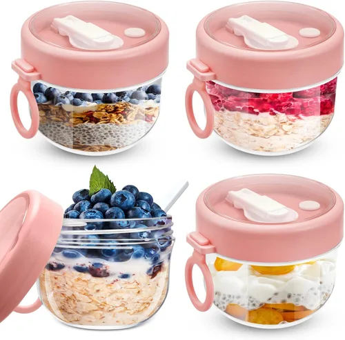 Miniatura 9 de Gerrii 4 recipientes de avena con tapas y cucharas, tarros de avena de plástico de 20 onzas, recipiente hermético de gran capacidad para Cian