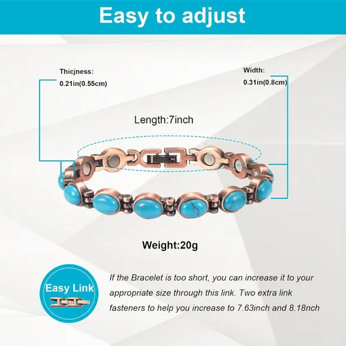 Miniatura 2 de Pulsera de cobre para mujer, 7.08 '' ajustable con fácil enlace turquesa pulsera magnética, joyería de cobre de moda (0164), Metal