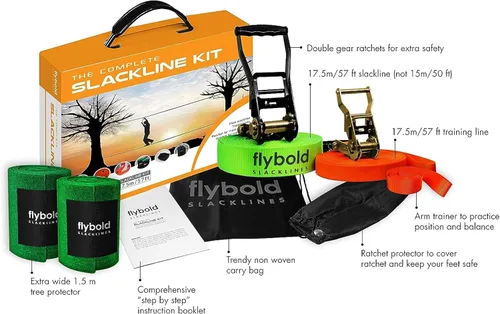 Miniatura 2 de flybold Kit de Slackline para niños y adultos - Cuerda de equilibrio de 57 pies con línea de entrenamiento, protectores de árboles, entrenador