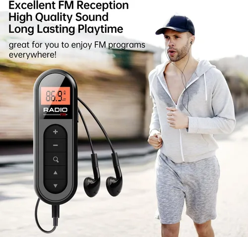 Miniatura 2 de Radio portátil FM, radio de bolsillo recargable con la mejor sintonización digital de recepción, pantalla LCD, clip para cinturón, conector