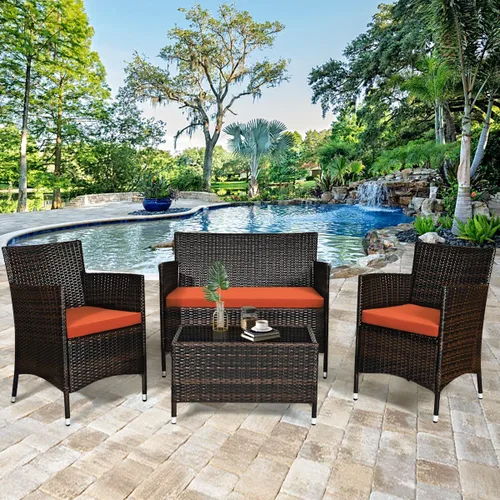 Miniatura 2 de Goplus Juego de patio de ratán de 4 piezas, juego de conversación de mimbre para exteriores e interiores para piscina, patio trasero, césped, sillas