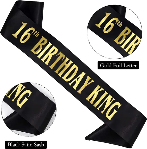 Miniatura 2 de Banda de cumpleaños de 16 años, banda de satén negro dorado para hombres 16 ° Fabulosa fiesta de cumpleaños, decoraciones de regalo