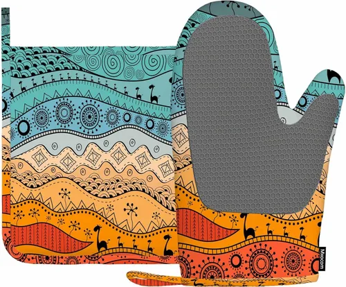 Mxocom Manoplas de horno y soporte para ollas resistentes al calor, diseño de rayas coloridas, jirafa, círculos florales bohemios, para cocina,
