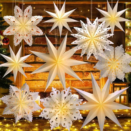 Miniatura 8 de Leinuosen Juego de 10 Faroles de Papel de Copo de Nieve de Navidad, Faroles de Estrella de Papel con 10 Luces LED, Lámpara de Estrella Colgante