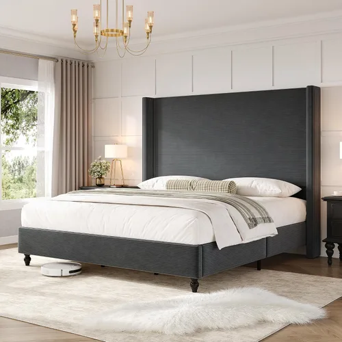 Miniatura 14 de AMERLIFE Base de cama tapizada tamaño Queen con cabecera de 50.8 pulgadas de alto, cama de plataforma con respaldo de alas con patas de madera