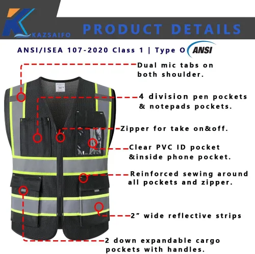 Miniatura 3 de Chaleco de seguridad Hi Vis para hombre con 9 bolsillos, malla reflectante, chaleco de construcción de alta visibilidad, cumple con las normas